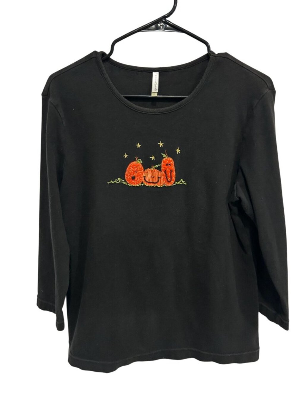 White Stag Large Black Crewneck Top Halloween Embroidered Cotton Kitschy Holiday